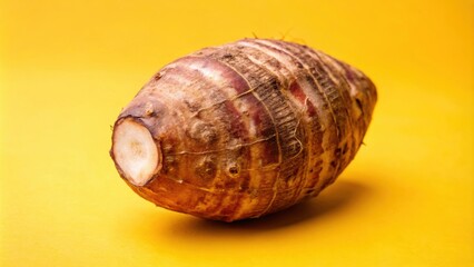 Closeup of taro root vegetable with a yellow background, taro, root vegetable, eddo malanga, closeup, food, cooking, ingredient