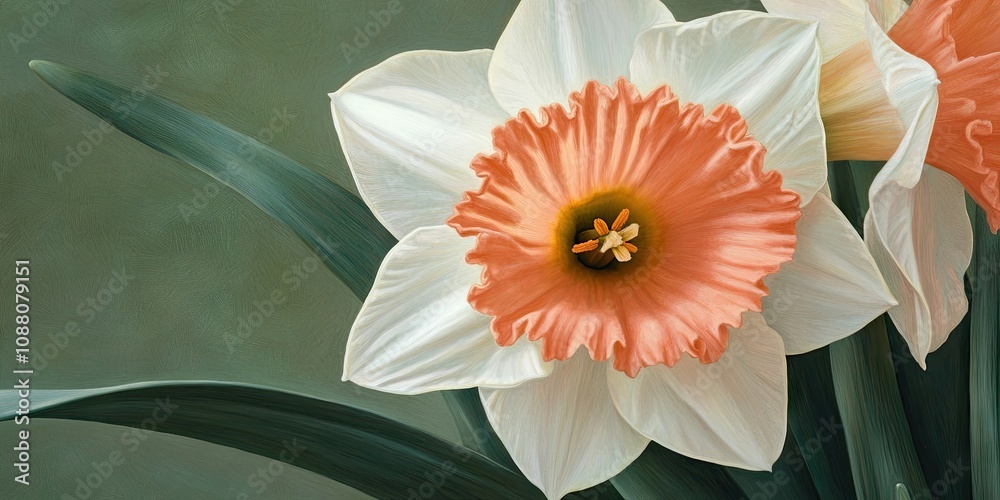 Poster close-up of a daffodil with ivory white petals and a salmon cup. accent represented a significant ad