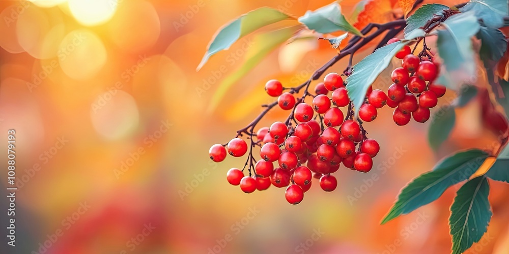 Poster autumn rowan berries on a branch. rowan berries are tart but high in vitamin c. close-up of red berr