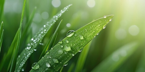 Naklejka premium Close-up of fresh green wheatgrass with droplets of water.
