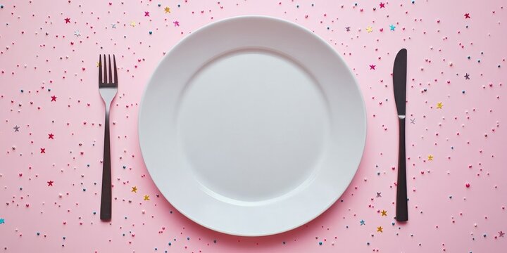 Empty plate and modern cutlery on a pink background with star sprinkles. Holiday festive background. Celebration theme. Top view, close-up.