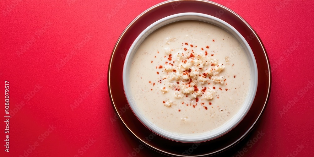 Poster closeup of khoya kheer kadam or raskadam on a white plate, set against a red background with copyspa
