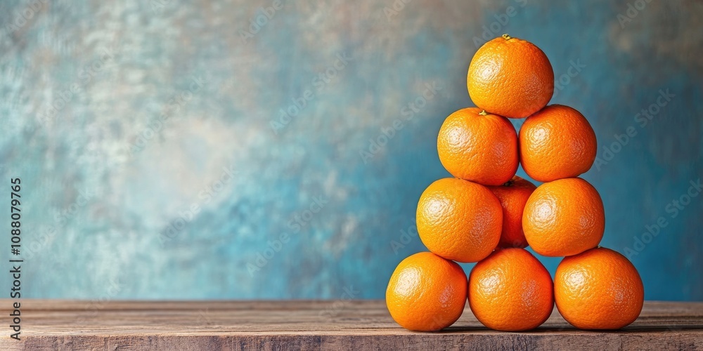 Poster a stack of ripe tangerines on a wooden surface with copy space.