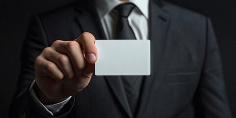 Businessman indicating a white blank card.