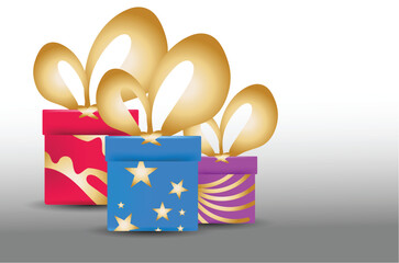 Colorful gift boxes with golden ribbon bow on gradient background