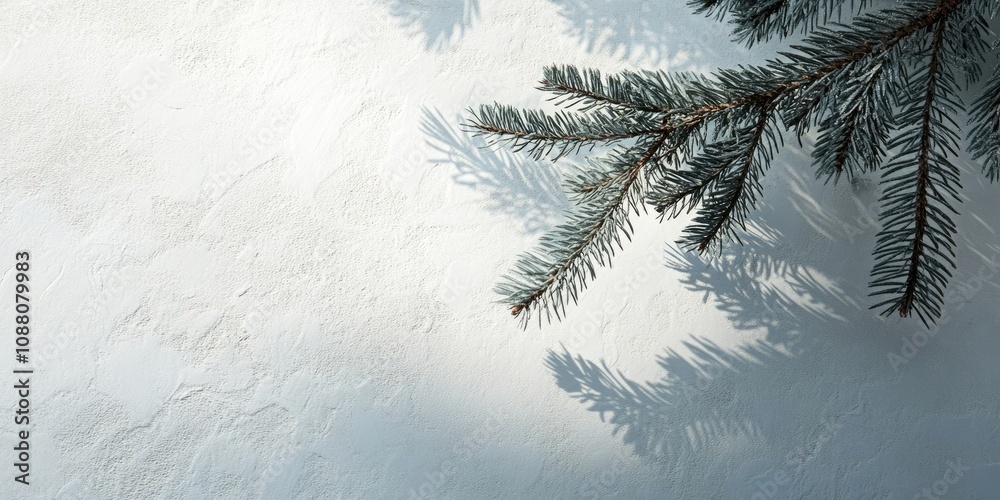 Poster shadow of a christmas tree branch on a white-gray textured surface of a wall or table. space for tex
