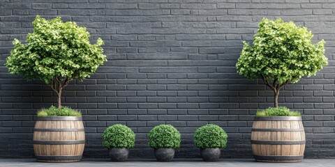 Gray brick wall featuring green trees in wooden barrels. Japanese style. Loft backdrop.