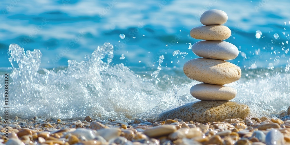 Aufkleber Stacked balanced rocks on a Mediterranean pebble beach with splashing blue waves in the background. Summertime outdoor horizontal closeup image featuring copy space.