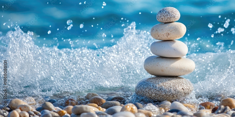Poster Stacked balanced rocks on a Mediterranean pebble beach with splashing blue waves in the background. Summertime outdoor horizontal closeup image featuring copy space.