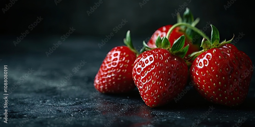 Poster close-up of fresh strawberries set against a dark background for use in various media.
