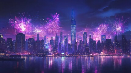 Fototapeta premium Timeless Celebration: Midnight Majesty Unveils a Dazzling Cityscape with Fireworks