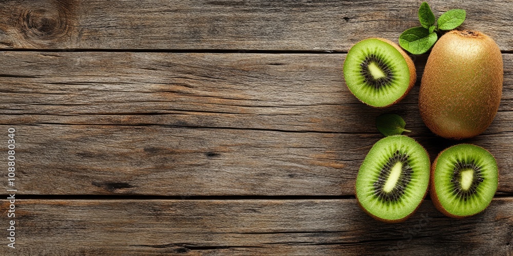 Poster Close-up and top view image of fresh kiwi fruit with a slice on a wooden background with copyspace.