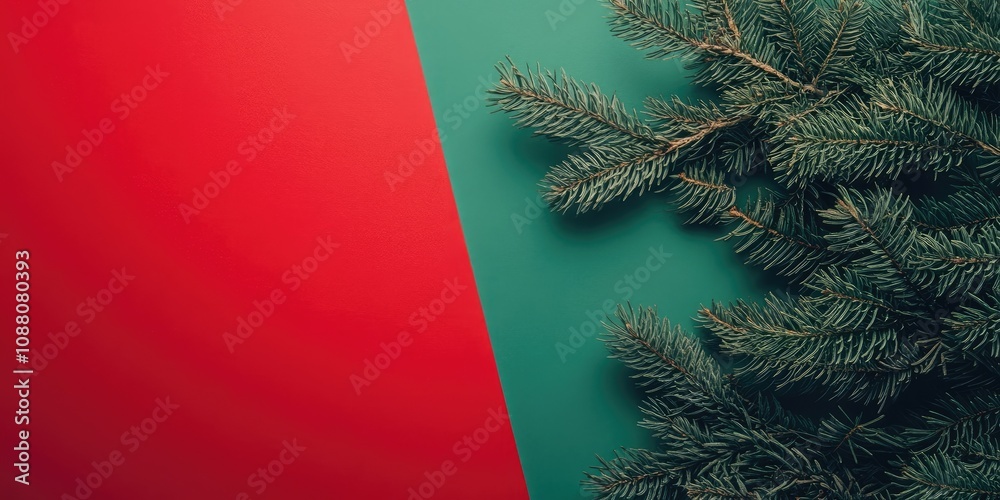 Poster christmas tree branch against a red and green background. top view, flat lay. copy space for text. x