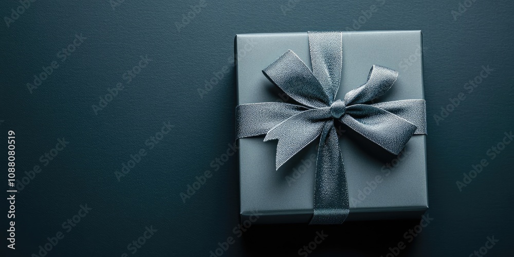 Aufkleber large gift, grey box with an elegant bow on a dark background with copy space.