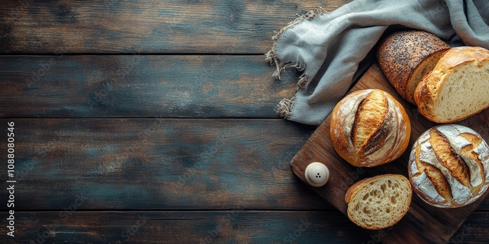 Poster homemade bread and a loaf on a dark rustic wooden surface. top view.