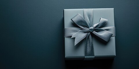 Large gift, grey box with an elegant bow on a dark background with copy space.
