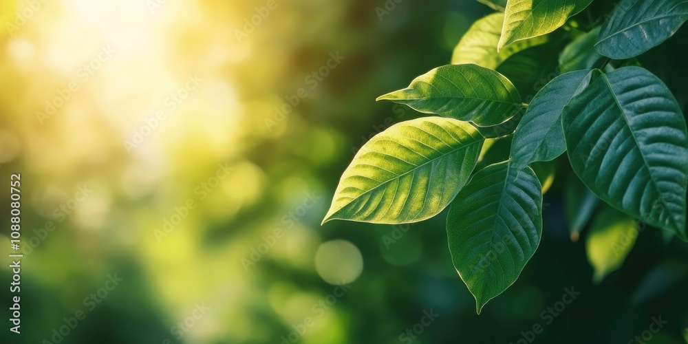 Aufkleber Close-up view of a green leaf with a blurred greenery background in a garden, featuring copyspace for use as a natural green plants landscape, ecology, or fresh wallpaper concept in a blurred image.
