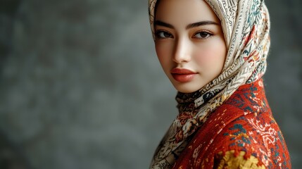 Fototapeta premium A Young Woman Wearing A Floral Headscarf And Coat