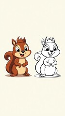 Adorable Cartoon Squirrel Duo: Colorful and Black-and-White Versions