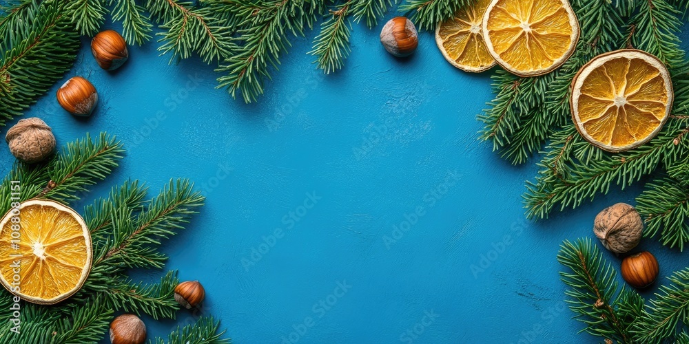 Poster green conifer branches with dried orange slices and hazelnuts on a blue background featuring copy sp