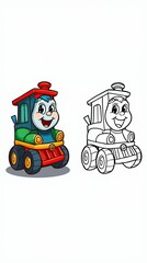 Colorful Cartoon Train Character with Black and White Outline Version
