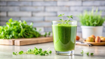 A glass of green smoothie on a kitchen counter with fresh microgreens, promoting a healthy lifestyle, green smoothie