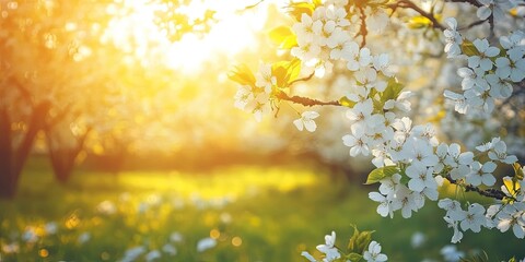 Obraz premium blooming field of cherry trees with white flowers on a sunny spring day - Image