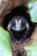 Obraz premium A baby anteater peeking out from the hollow of a tree, showcasing its unique markings, small size, and curious expression in a lush green forest.