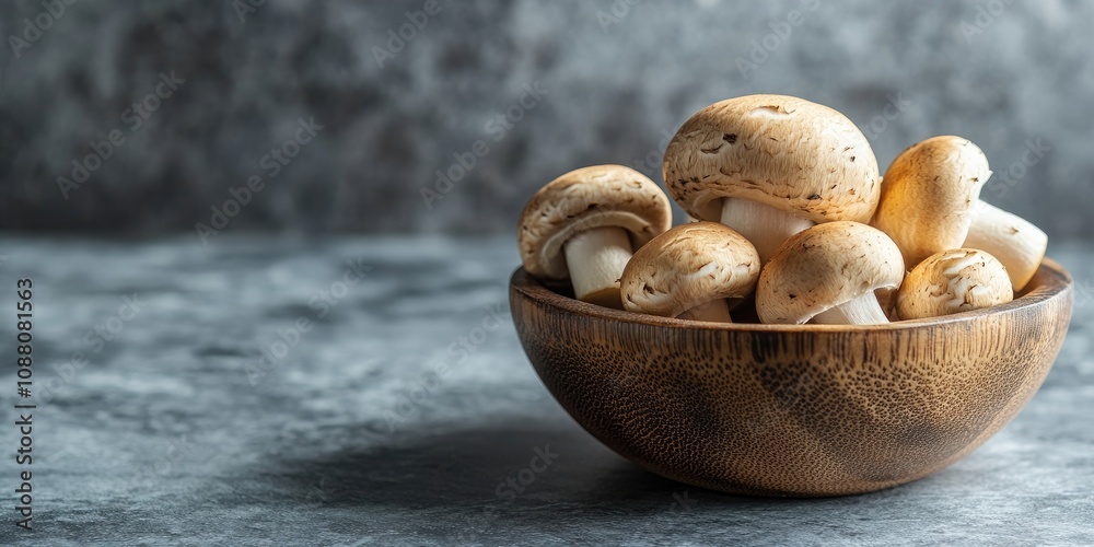 Poster button mushrooms in a wooden bowl with copyspace and a moody background, focused selectively.