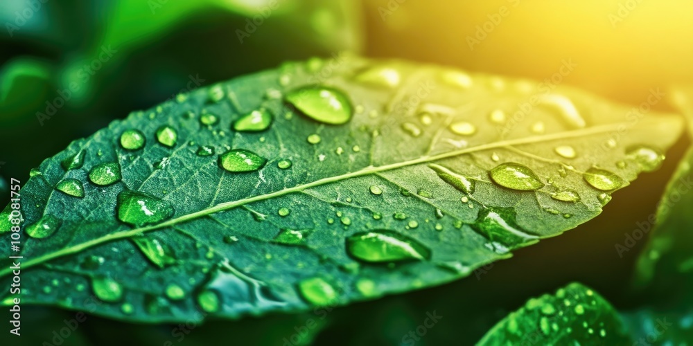 Poster green leaf with water droplets and copy space. concept of environmental conservation. close-up macro