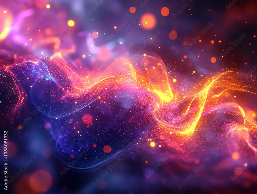 Poster abstract fiery and icy wave with glowing particles.