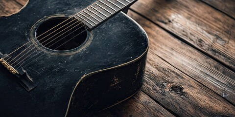 Fototapeta premium Close-up of a black acoustic guitar body on a textured, aged brown wood table background, highlighting the shape of the guitar.