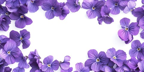 Floral frame featuring beautiful violet flowers arranged on a white background.