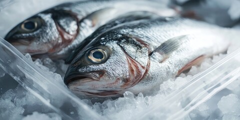 Frozen fish in a clear package. Background with selective focus and copyspace for text.