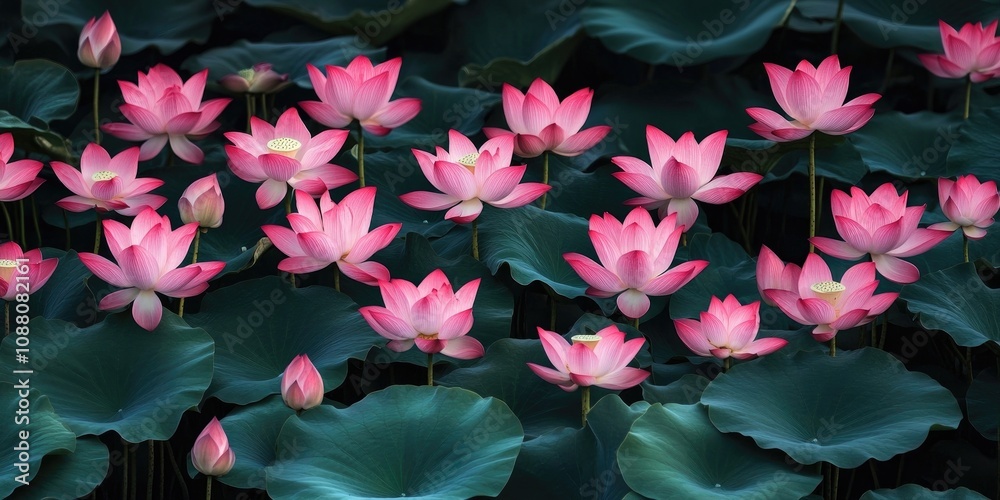 Poster the lotus flowers are arranged in rows to serve as a natural background or wallpaper.