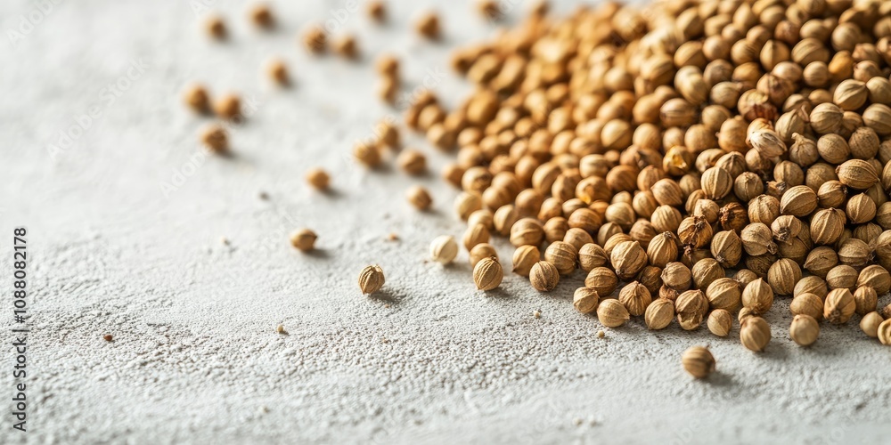 Poster coriander seeds placed on a textured white table. ideal for recipe books, articles, or any cooking c