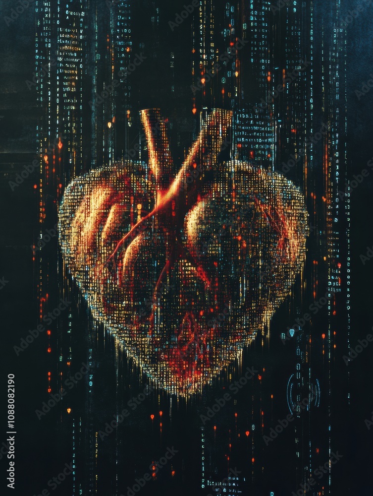 Poster The human heart is intricately surrounded by vibrant digital code, symbolizing the fusion of technology and biology in contemporary life. Generative AI