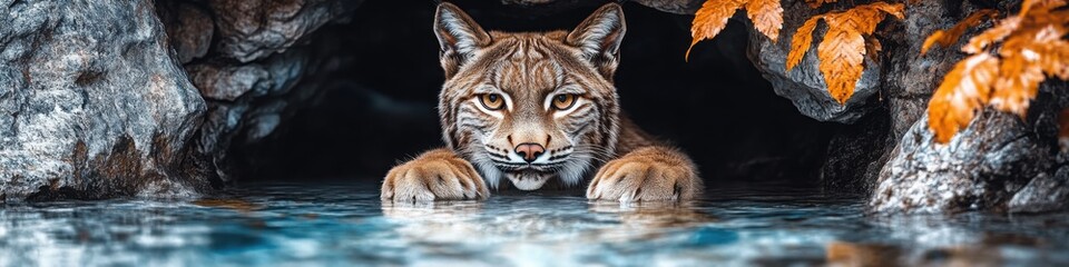 An Iberian lynx resting with its paws in a clear stream, surrounded by rocky terrain and autumn foliage, highlighting its calm demeanor and intricate markings in a serene wild setting.

