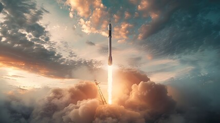 Fototapeta premium A rocket launches into the sky, surrounded by clouds and a colorful sunset.