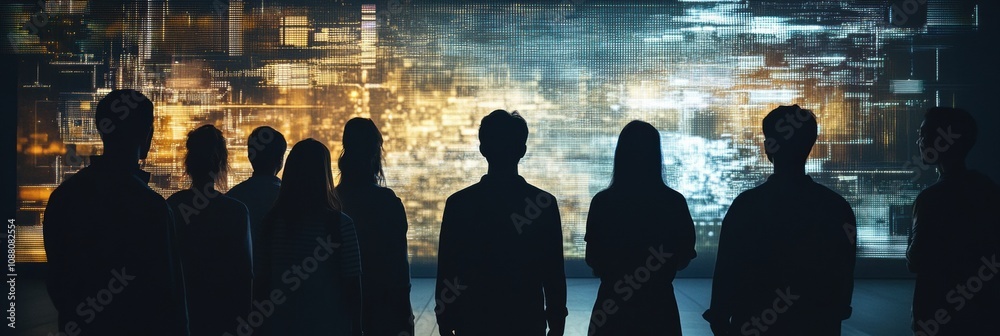 Aufkleber a diverse group of people stands together, captivated by an abstract ai system in a high-tech exhibi
