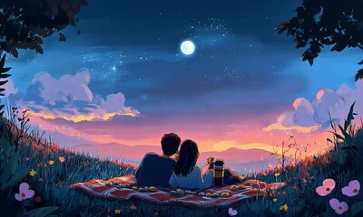 Couple Stargazing Under Twilight Sky illustration cartoon with ai generated. 
