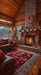 Rustic cabin with cozy interior Christmas decor, roaring fireplace, and holiday cheer