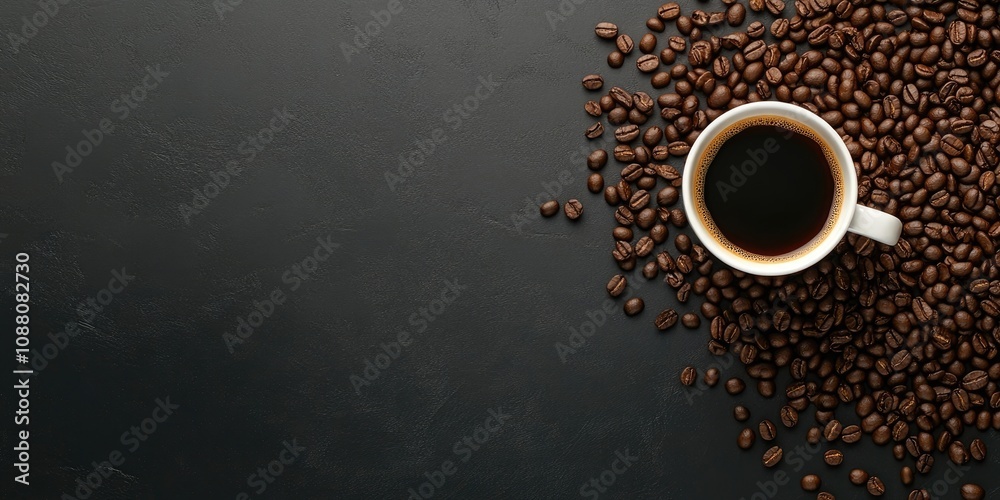 Poster top view of a coffee cup and coffee beans on a black table background, enjoying coffee time with cop