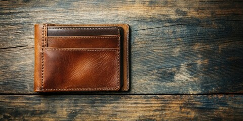 Opened brown leather wallet on a rustic wooden table. Top view.