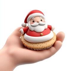 Adorable Cartoon Santa Claus on a Christmas Cookie Held in a Hand