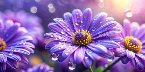 Obraz premium Close-up of purple daisy flowers with glistening water droplets, purple, daisy, flowers, water droplets, close-up, macro