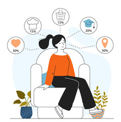 Woman with interests and hobbies. Young girl is thinking about career and education. Choosing life priorities. Hobby and leisure, activities. Linear vector illustration