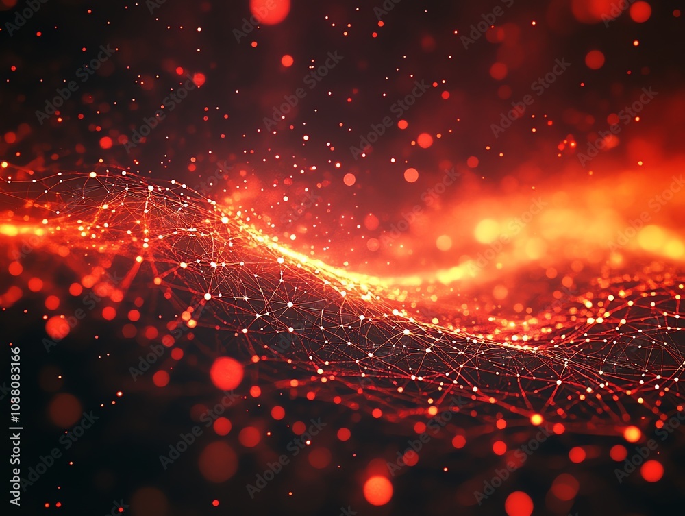 Poster Abstract fiery red energy wave with glowing particles and connections.