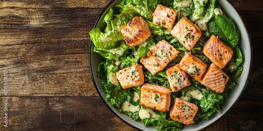 Poster caesar salad topped with salmon. viewed from above. set against a wooden background. copy space.