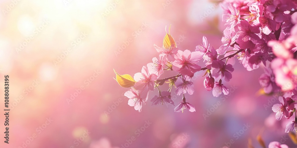Poster horizontal banner featuring pink sakura flowers against a sunny background. a lovely spring nature b